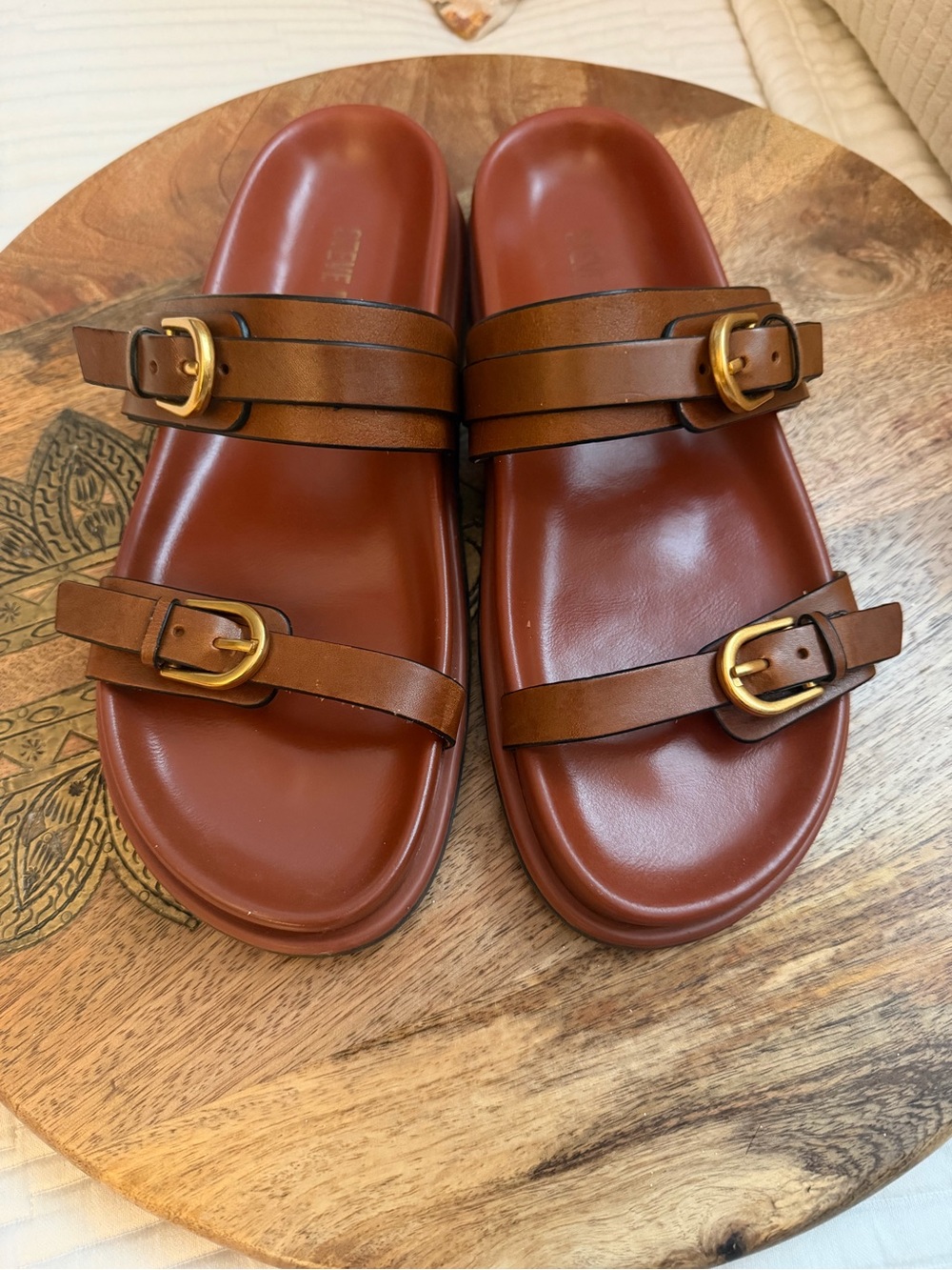 Steve Madden ZINA. Brown Leather Dual-Buckle Slide Sandals - Picture 3 of 7